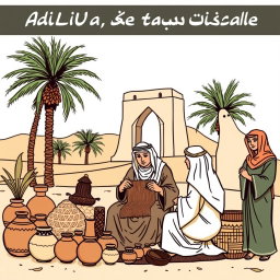 A professional doodle-style illustration for a corporate presentation, depicting an AlUla artisan engaged in weaving or crafting by hand, surrounded by traditional pottery and cultural motifs