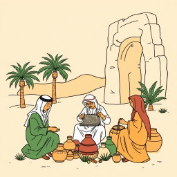 A professional doodle-style illustration for a corporate presentation, depicting an AlUla artisan engaged in weaving or crafting by hand, surrounded by traditional pottery and cultural motifs