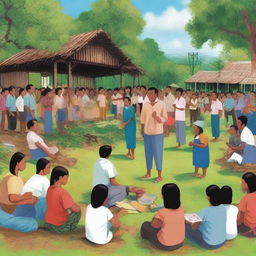 A detailed depiction of a rural Filipino barangay, with community members attentively participating in a local meeting, addressing issues such as community clean-up and maintenance, symbolizing the common recent community concerns.