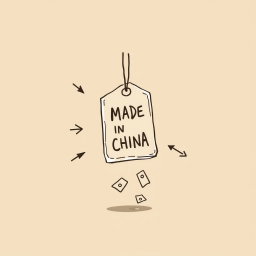 A professional doodle-style illustration designed for a corporate presentation, featuring a souvenir prominently displaying a 'Made in China' tag