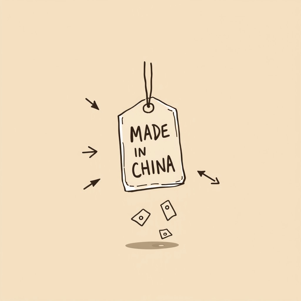 A professional doodle-style illustration designed for a corporate presentation, featuring a souvenir prominently displaying a 'Made in China' tag