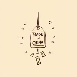 A professional doodle-style illustration designed for a corporate presentation, featuring a souvenir prominently displaying a 'Made in China' tag