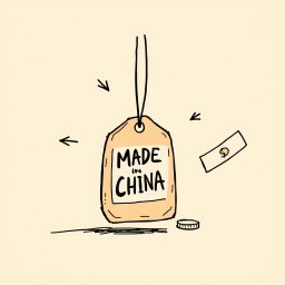 A professional doodle-style illustration designed for a corporate presentation, featuring a souvenir prominently displaying a 'Made in China' tag