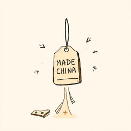 A professional doodle-style illustration designed for a corporate presentation, featuring a souvenir prominently displaying a 'Made in China' tag