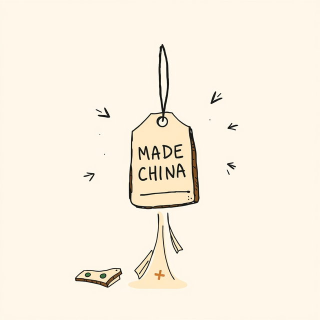 A professional doodle-style illustration designed for a corporate presentation, featuring a souvenir prominently displaying a 'Made in China' tag
