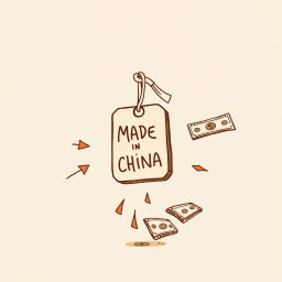 A professional doodle-style illustration for a corporate presentation, featuring a souvenir prominently displaying a 'Made in China' tag