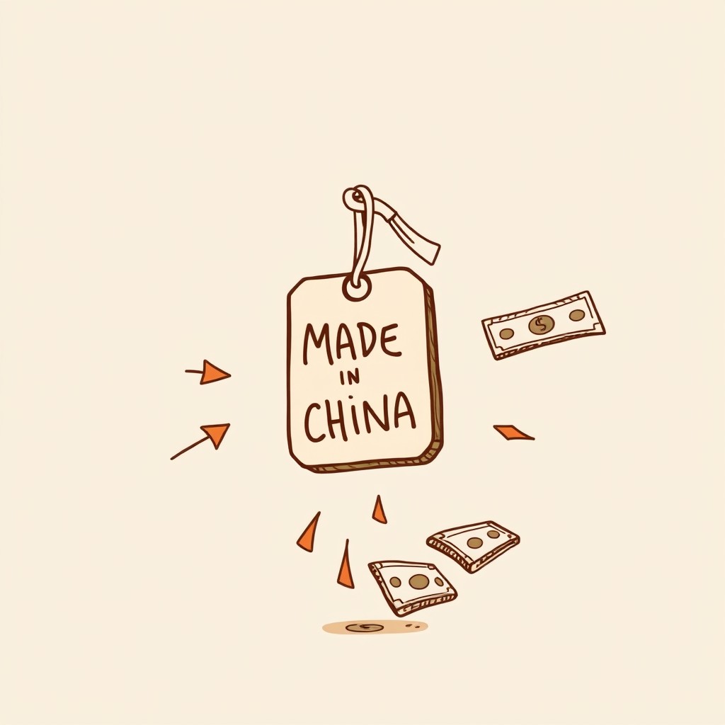 A professional doodle-style illustration for a corporate presentation, featuring a souvenir prominently displaying a 'Made in China' tag