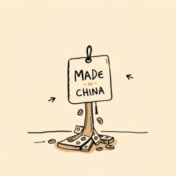 A professional doodle-style illustration for a corporate presentation, featuring a souvenir prominently displaying a 'Made in China' tag