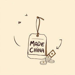 A professional doodle-style illustration for a corporate presentation, featuring a souvenir prominently displaying a 'Made in China' tag