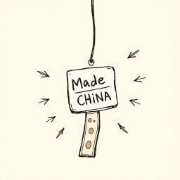 A professional doodle-style illustration for a corporate presentation, featuring a souvenir prominently displaying a 'Made in China' tag