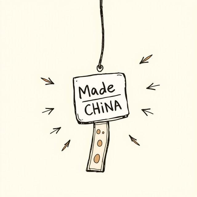 A professional doodle-style illustration for a corporate presentation, featuring a souvenir prominently displaying a 'Made in China' tag