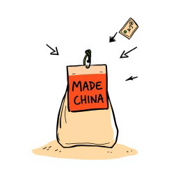 A professional doodle-style illustration for a corporate presentation, featuring a souvenir prominently displaying a 'Made in China' tag on a gift or souvenir item