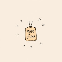 A professional doodle-style illustration for a corporate presentation, featuring a souvenir prominently displaying a 'Made in China' tag on a gift or souvenir item