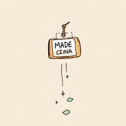 A professional doodle-style illustration for a corporate presentation, featuring a souvenir prominently displaying a 'Made in China' tag on a gift or souvenir item
