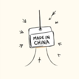 A professional doodle-style illustration for a corporate presentation, featuring a souvenir prominently displaying a 'Made in China' tag on a gift or souvenir item