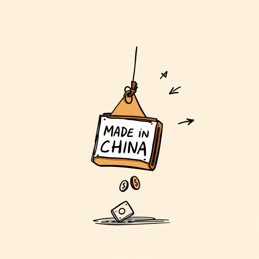A professional doodle-style illustration intended for a corporate presentation, depicting a souvenir with a clear 'Made in China' tag on the item