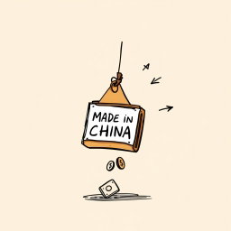 A professional doodle-style illustration intended for a corporate presentation, depicting a souvenir with a clear 'Made in China' tag on the item