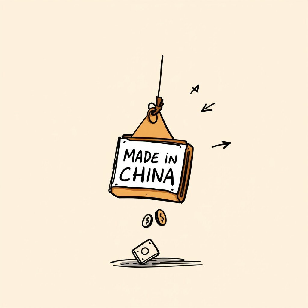 A professional doodle-style illustration intended for a corporate presentation, depicting a souvenir with a clear 'Made in China' tag on the item