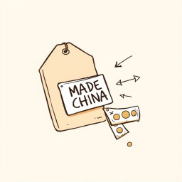 A professional doodle-style illustration intended for a corporate presentation, depicting a souvenir with a clear 'Made in China' tag on the item