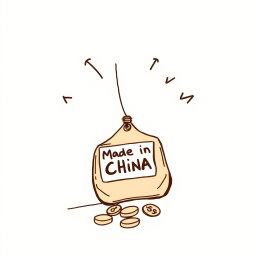 A professional doodle-style illustration intended for a corporate presentation, depicting a souvenir with a clear 'Made in China' tag on the item