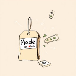 A professional doodle-style illustration intended for a corporate presentation, depicting a souvenir with a clear 'Made in China' tag on the item