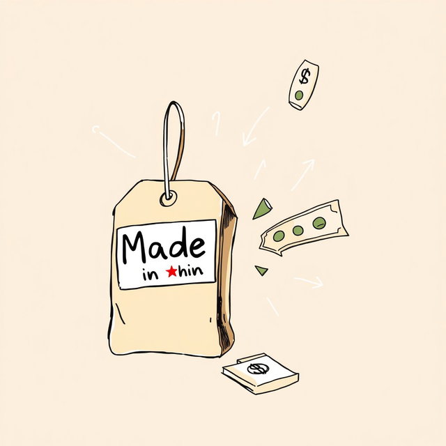 A professional doodle-style illustration intended for a corporate presentation, depicting a souvenir with a clear 'Made in China' tag on the item