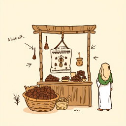 A professional doodle-style illustration for a corporate presentation, depicting a handmade AlUla craft displayed on a market stall alongside a basket of dates, with a tour guide and visitors nearby