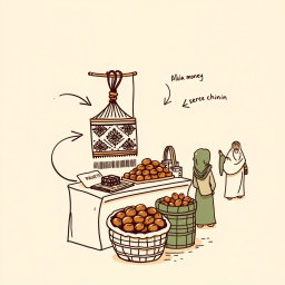 A professional doodle-style illustration for a corporate presentation, depicting a handmade AlUla craft displayed on a market stall alongside a basket of dates, with a tour guide and visitors nearby