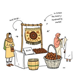 A professional doodle-style illustration for a corporate presentation, depicting a handmade AlUla craft displayed on a market stall alongside a basket of dates, with a tour guide and visitors nearby