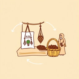 A professional doodle-style illustration for a corporate presentation, depicting a handmade AlUla craft displayed on a market stall alongside a basket of dates, with a tour guide and visitors nearby
