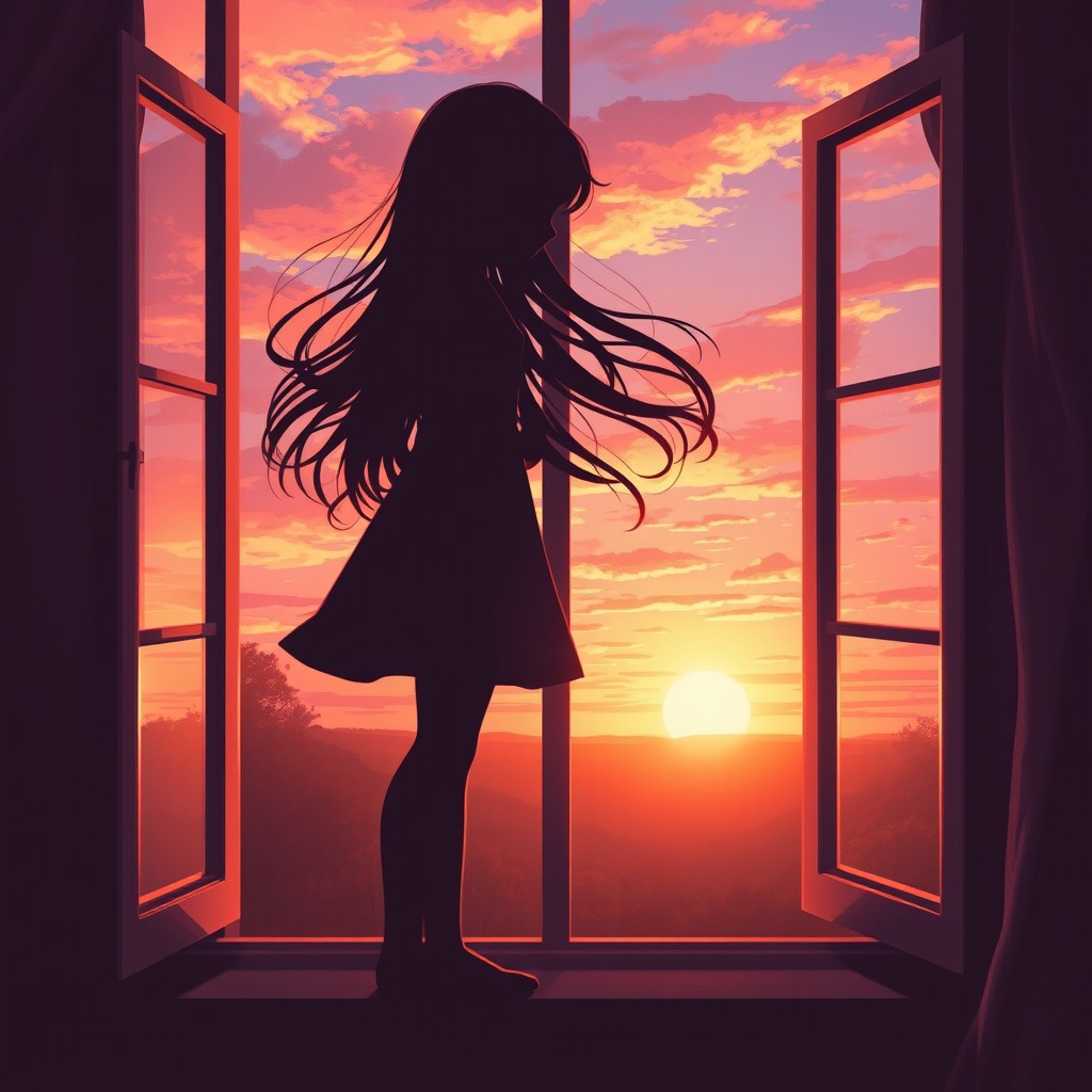 A beautiful book cover illustration depicting the shadow of a girl with flowing hair standing by a window