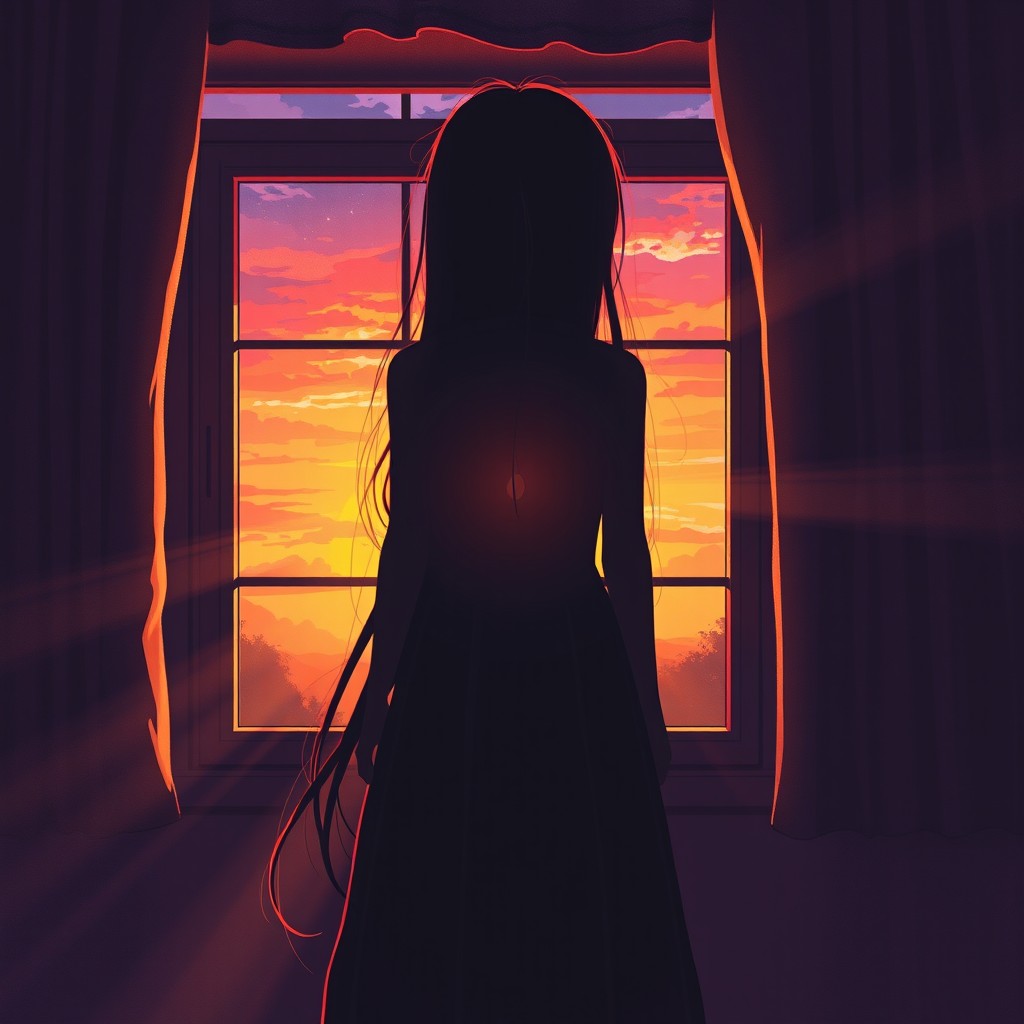 A detailed book cover illustration showing the shadow of a girl viewed from behind, standing by a window with her long, flowing hair cascading down her back