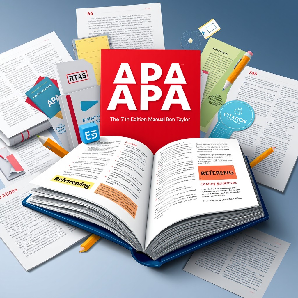 An artistic interpretation of the APA 7th Edition Manual by Ben Taylor, featuring an open book with visually appealing graphic elements that emphasize its key features like referencing, citation styles, and guidelines