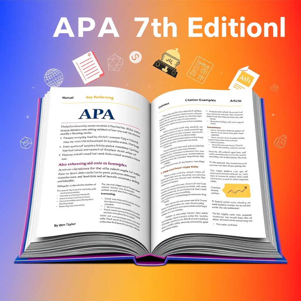 An artistic interpretation of the APA 7th Edition Manual by Ben Taylor, featuring an open book showcasing essential referencing guidelines and citation examples