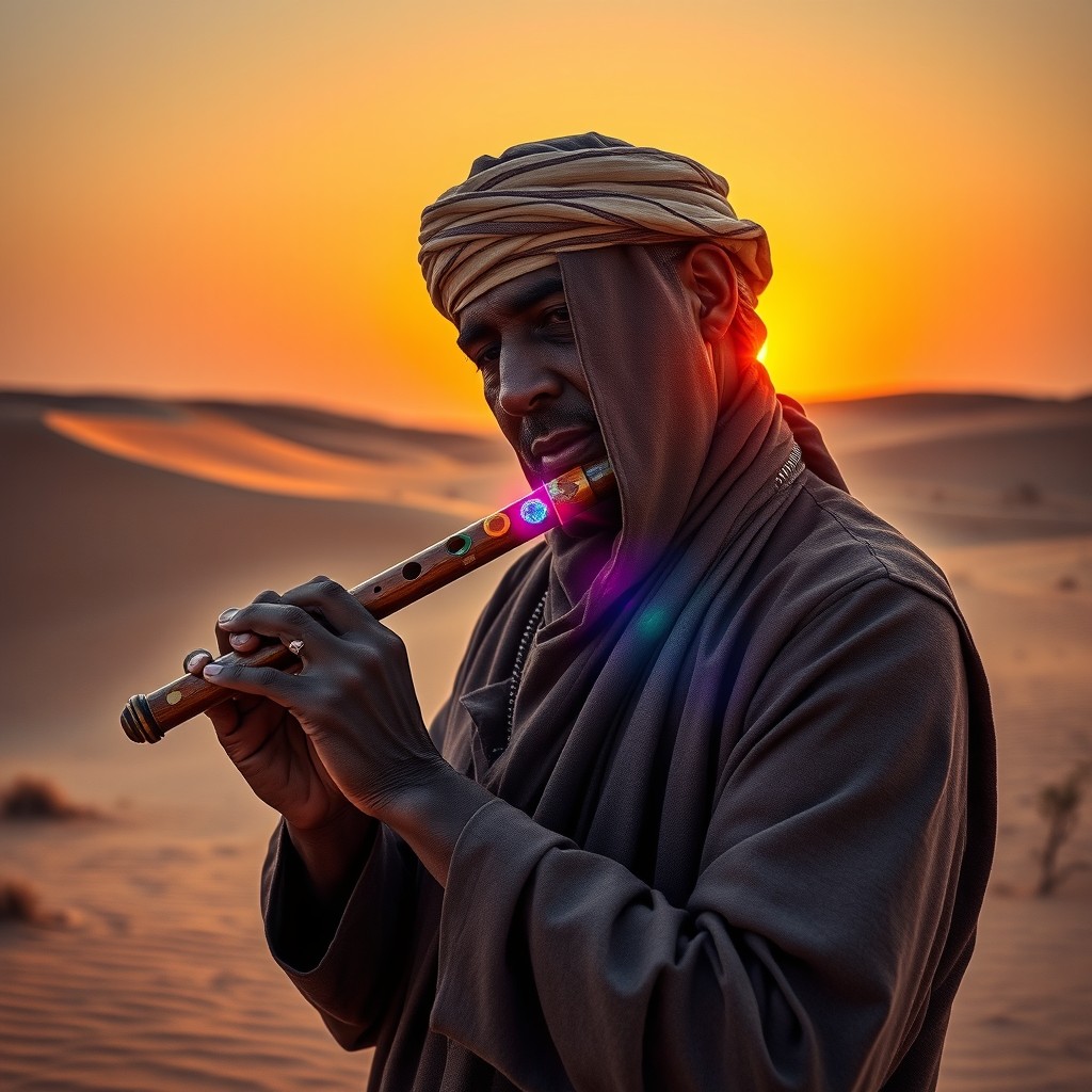 A mysterious man controlling minds with a flute, inspired by the desert