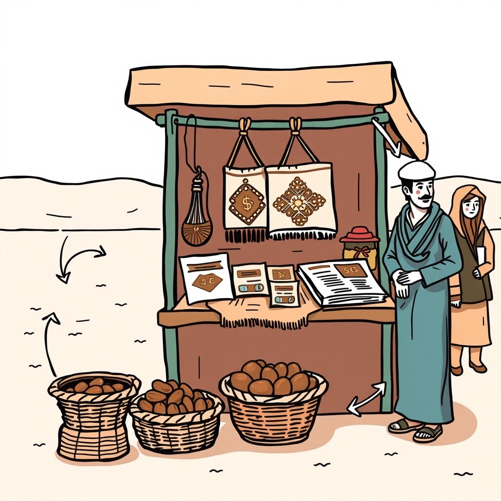 A professional doodle-style illustration for a corporate presentation, showcasing a handmade AlUla craft displayed on a market stall, accompanied by a basket of dates