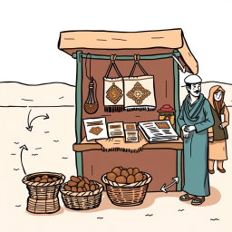 A professional doodle-style illustration for a corporate presentation, showcasing a handmade AlUla craft displayed on a market stall, accompanied by a basket of dates
