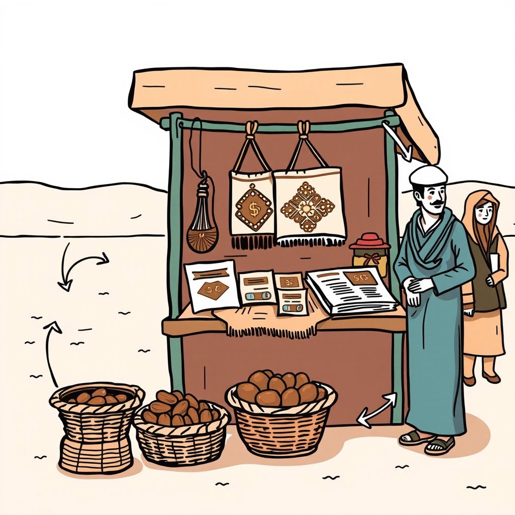 A professional doodle-style illustration for a corporate presentation, showcasing a handmade AlUla craft displayed on a market stall, accompanied by a basket of dates