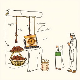 A professional doodle-style illustration for a corporate presentation, showcasing a handmade AlUla craft displayed on a market stall, accompanied by a basket of dates