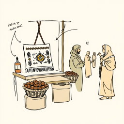 A professional doodle-style illustration for a corporate presentation, showcasing a handmade AlUla craft displayed on a market stall, accompanied by a basket of dates