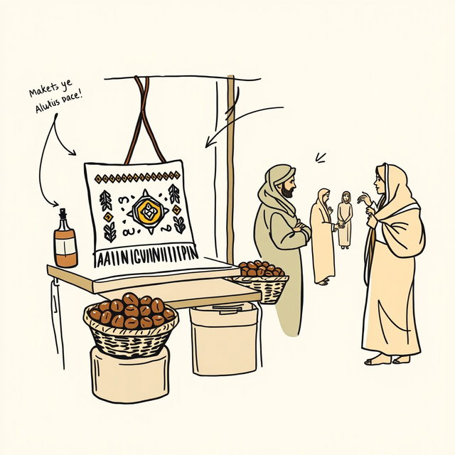 A professional doodle-style illustration for a corporate presentation, showcasing a handmade AlUla craft displayed on a market stall, accompanied by a basket of dates
