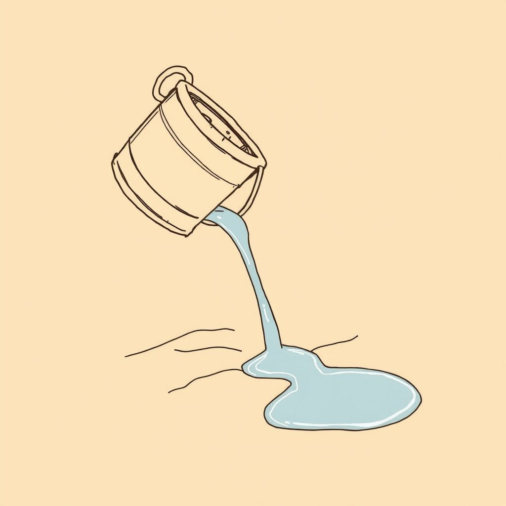 A professional doodle-style illustration designed for a corporate presentation, featuring a simple clay or brass bucket pouring water onto loose desert sand
