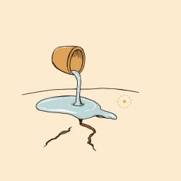 A professional doodle-style illustration designed for a corporate presentation, featuring a simple clay or brass bucket pouring water onto loose desert sand