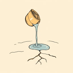 A professional doodle-style illustration designed for a corporate presentation, featuring a simple clay or brass bucket pouring water onto loose desert sand