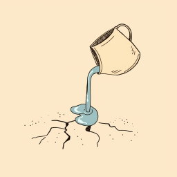 A professional doodle-style illustration designed for a corporate presentation, featuring a simple clay or brass bucket pouring water onto loose desert sand