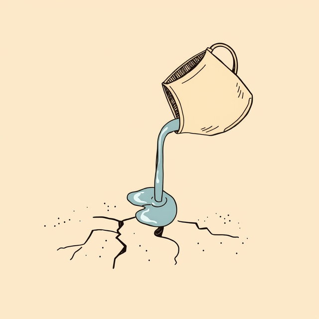 A professional doodle-style illustration designed for a corporate presentation, featuring a simple clay or brass bucket pouring water onto loose desert sand