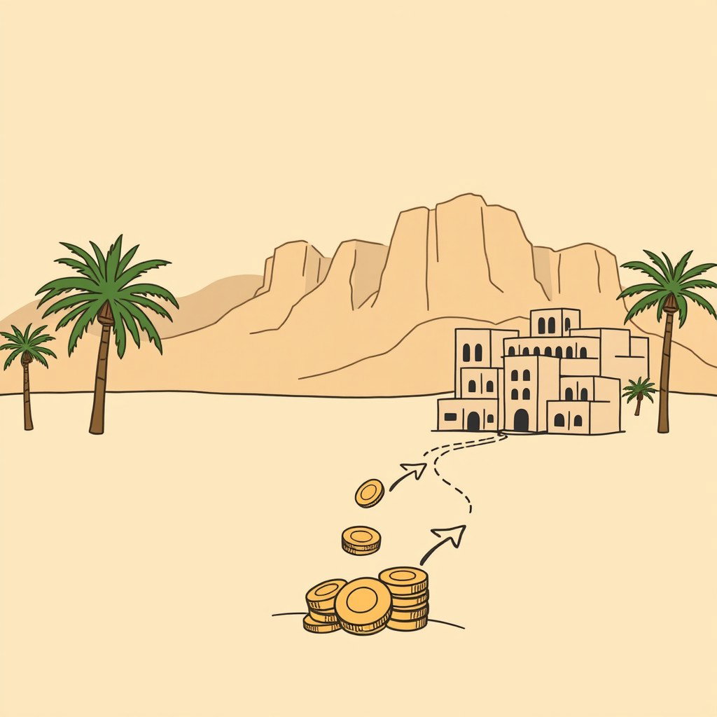 A professional doodle-style illustration for a corporate presentation, depicting a flow of coins and money arrows leaving AlUla’s landscape, with palm trees and sandstone cliffs in the background