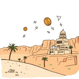 A professional doodle-style illustration for a corporate presentation, depicting a flow of coins and money arrows leaving AlUla’s landscape, with palm trees and sandstone cliffs in the background