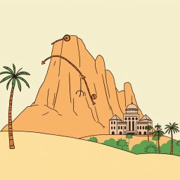 A professional doodle-style illustration for a corporate presentation, depicting a flow of coins and money arrows leaving AlUla’s landscape, with palm trees and sandstone cliffs in the background