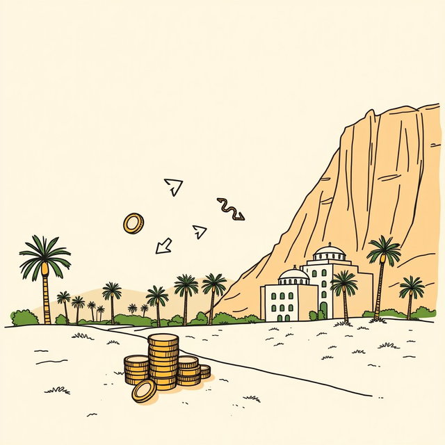 A professional doodle-style illustration for a corporate presentation, depicting a flow of coins and money arrows leaving AlUla’s landscape, with palm trees and sandstone cliffs in the background